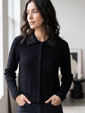 MARLED Beaded Collar Cardigan XS 18” p2p Black $89 Retail NWT